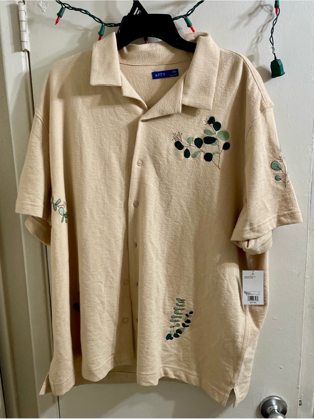 NWT Apt 9 Modern Luxe Men XXL Embroidered Leaf Camp Collar Shirt Oyster Gray